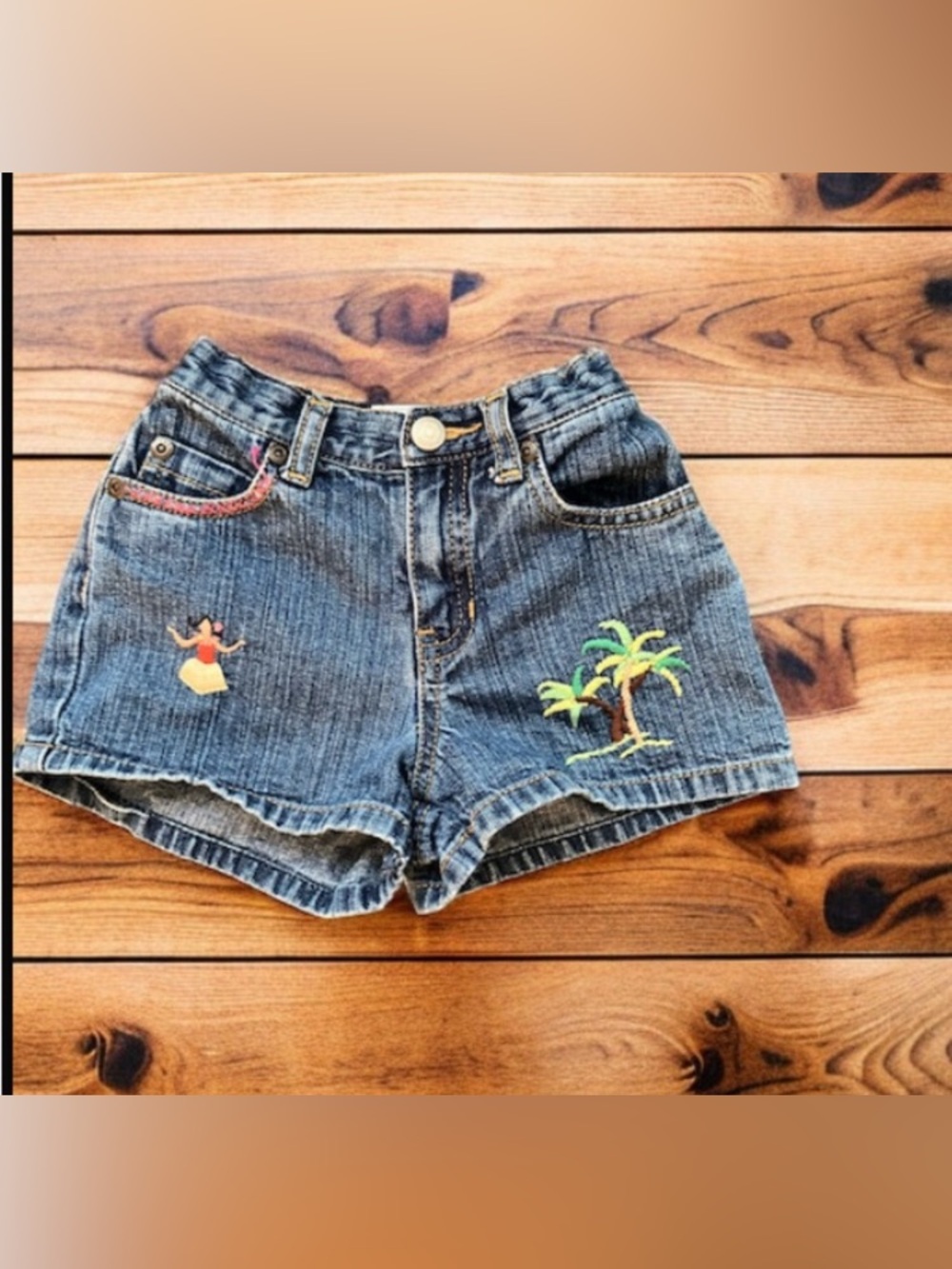 Baby Gap Girls Embroidered Denim Shorts Palm Tree Hibiscus Flower Hula Dancer 2T